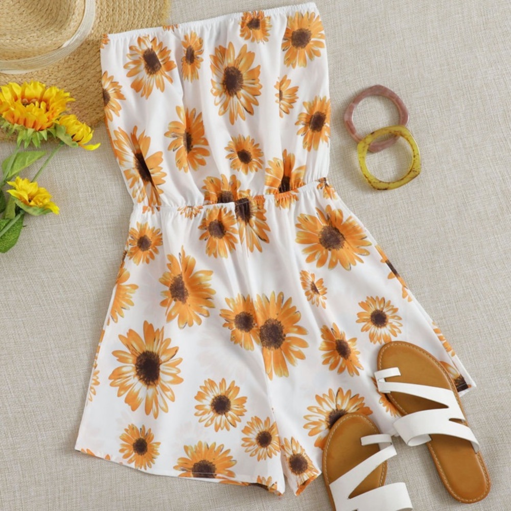*BRAND NEW* SHEIN Bright Yellow Sunflower Strapless Elastic Waste White Romper